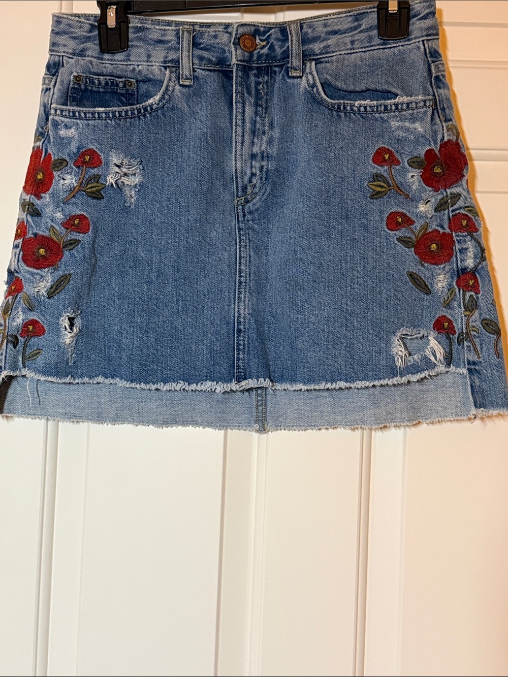 Zara Blue Denim Mini Skirt with Red Floral Embroidery
